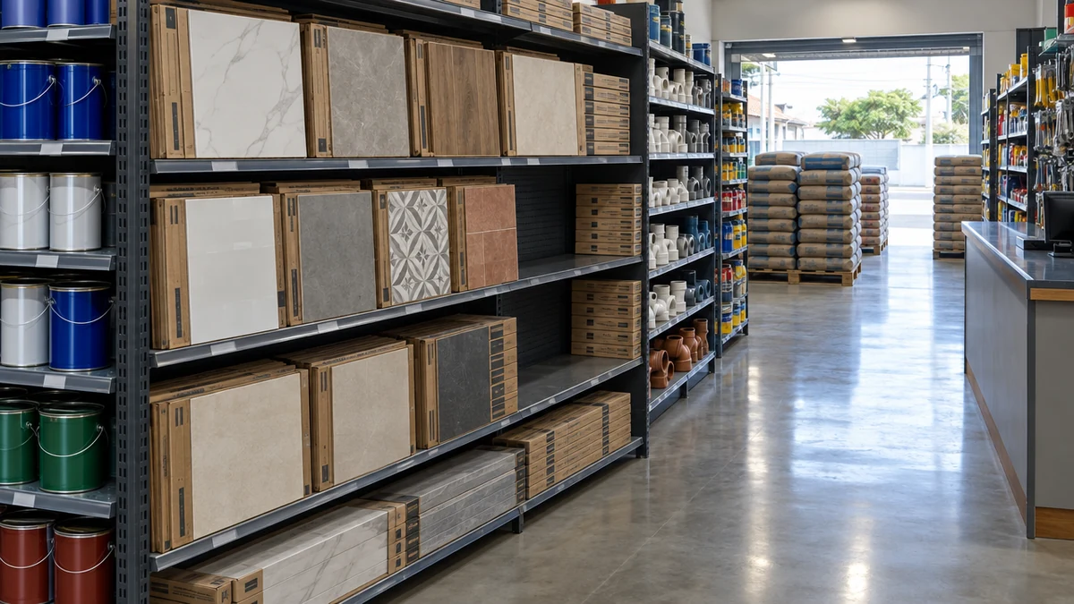 Seção de prateleira de materiais de acabamento com as caixas alinhadas e um espaço vazio onde o item acabou
