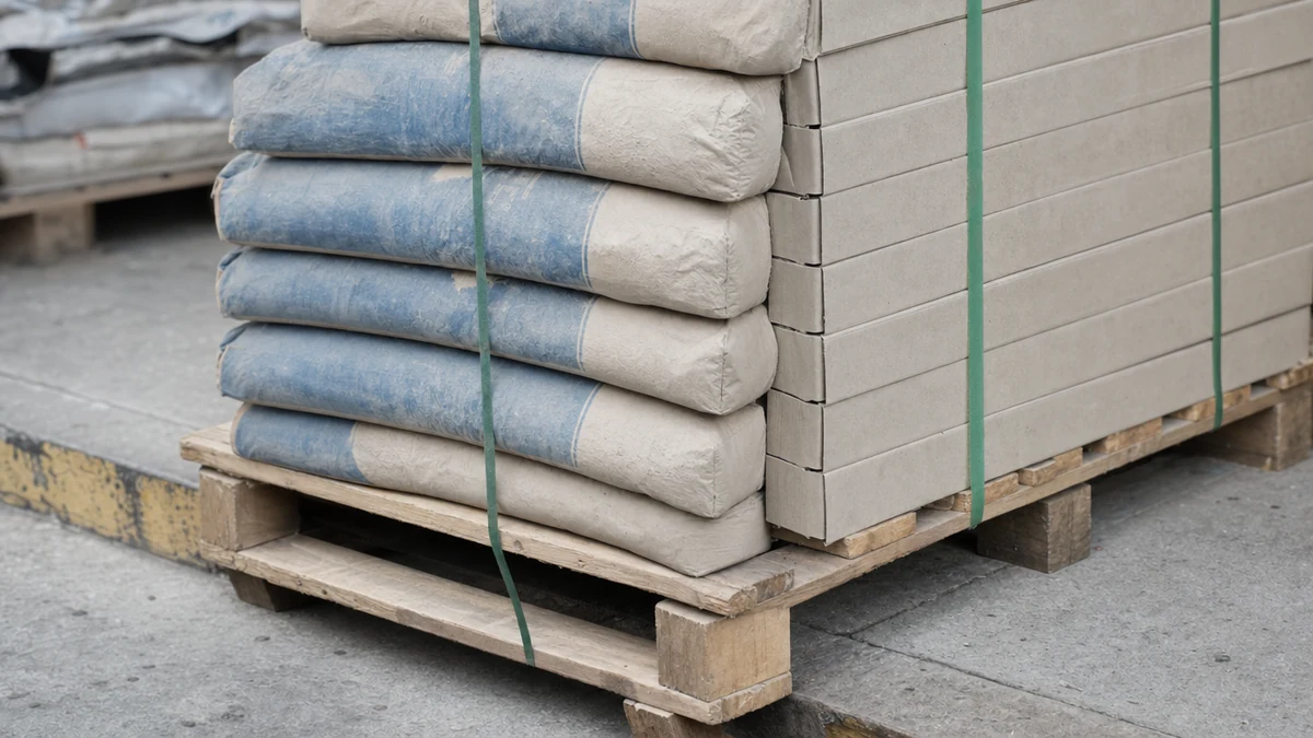 Sacos de argamassa e caixas de revestimento empilhados sobre pallet de madeira na doca de uma loja