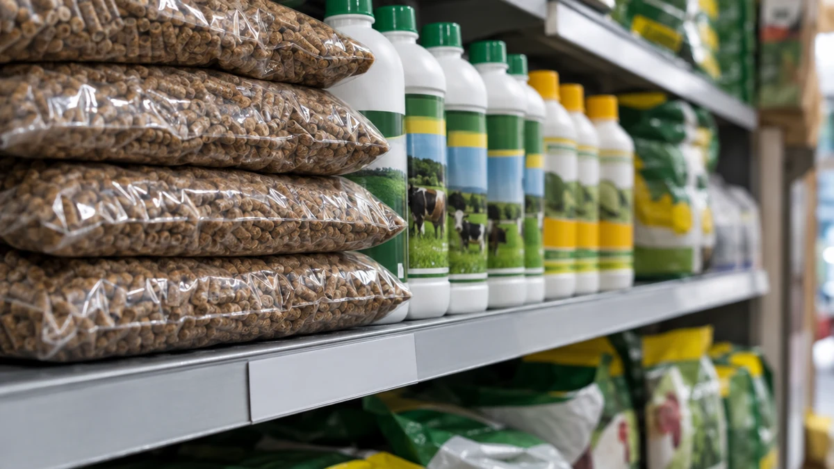 Prateleira de loja agropecuária com produtos embalados alinhados e etiqueta de prateleira em branco