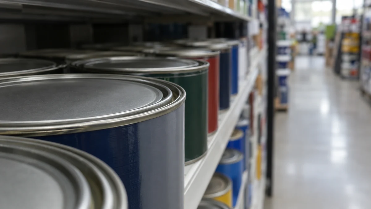 Latas de tinta alinhadas numa prateleira de loja, com a tampa metálica em primeiro plano