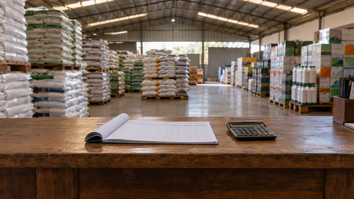 Balcão de madeira de revenda de insumos com bloco de pedidos aberto e calculadora sobre a superfície