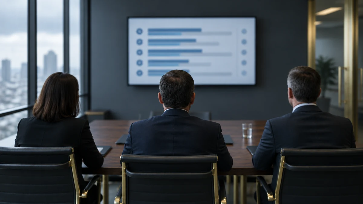 Vista de costas de três executivos numa sala de conselho, olhando para um painel de indicadores de prontidão de liderança projetado numa tela de parede, sem nenhum rosto visível.