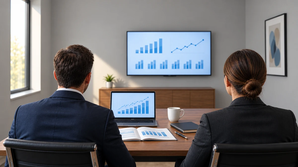 Duas pessoas vistas de costas revisando um relatório impresso e um notebook numa sala de reunião pequena e fechada, com um painel de indicadores por unidade exibido numa tela na parede ao fundo, luz natural de janela lateral.