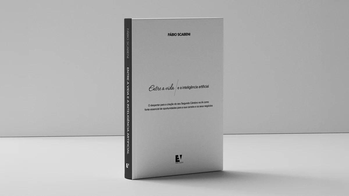 Capa do livro Entre a Vida e a Inteligência Artificial, de Fábio Scabeni, apoiada em pé sobre fundo claro
