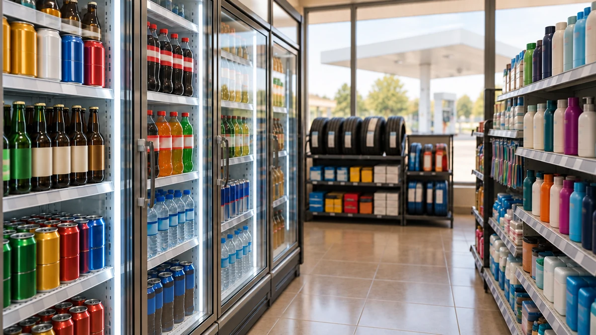 Corredor da loja de conveniência de um posto de combustível, com geladeira de cervejas, refrigerantes e água de um lado, prateleira de cosméticos e higiene do outro e pneus e autopeças ao fundo.
