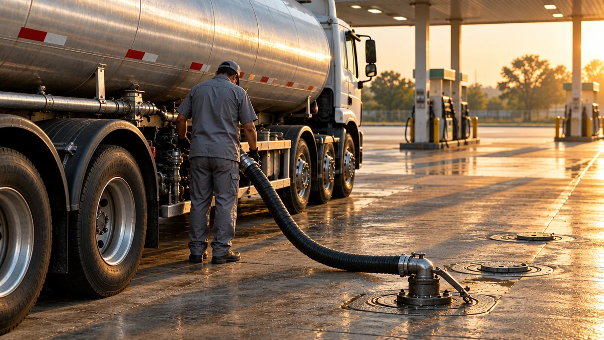 Caminhão-tanque sem marca descarregando no tanque subterrâneo de um posto de combustível pela manhã, com a mangueira conectada ao bocal e o operador de costas conferindo a conexão.