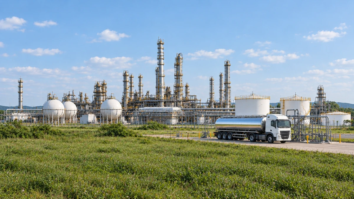 Refinaria de petróleo com colunas de destilação e tanques de armazenagem numa manhã de céu claro, com um caminhão-tanque sem marca parado na plataforma de carregamento.